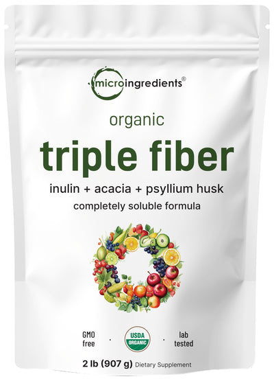 Micro Ingredients envase frontal del polvo triple fibra, presentación clara y orgánica