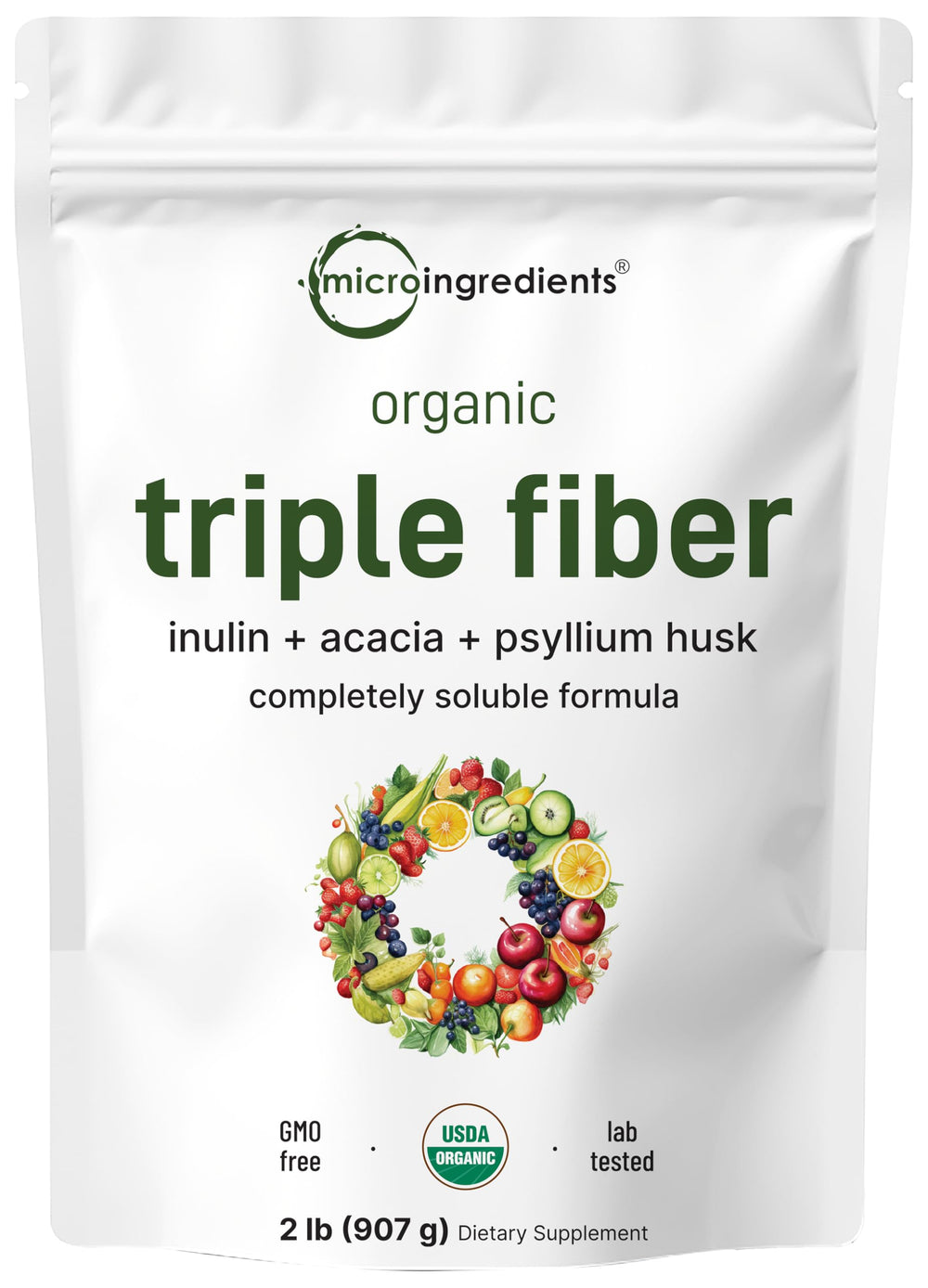 Micro Ingredients envase frontal del polvo triple fibra, presentación clara y orgánica