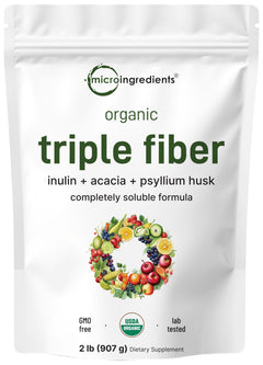 Micro Ingredients envase frontal del polvo triple fibra, presentación clara y orgánica