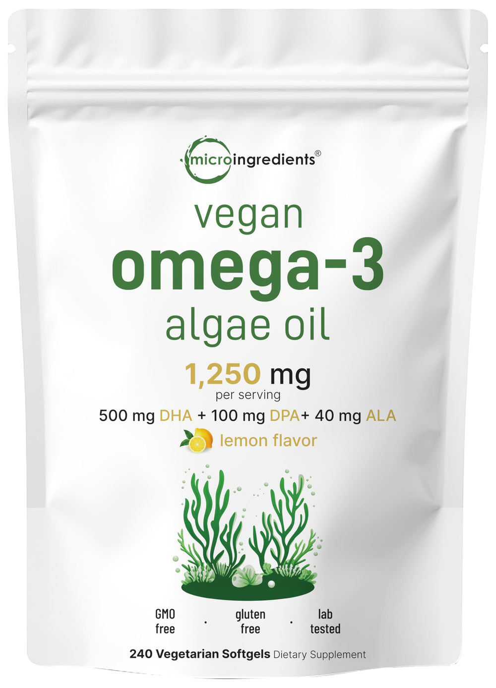 Micro Ingredients frontal del envase mostrando 240 softgels y beneficios claros