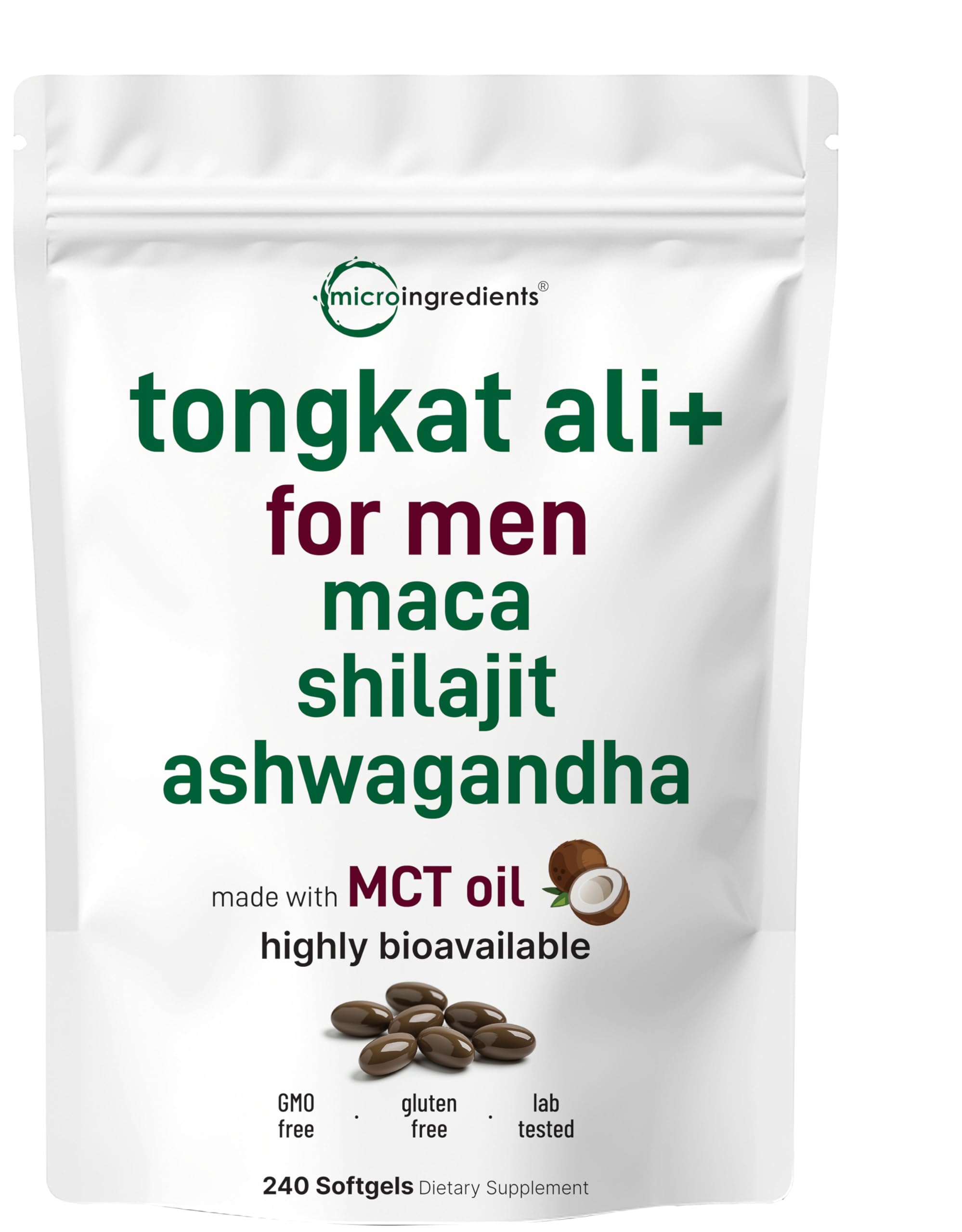 Micro Ingredients frente del envase mostrando 240 softgels y beneficios de conveniencia