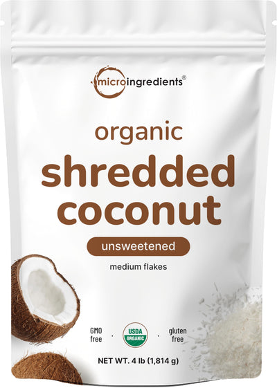 Micro Ingredients front packaging showing 4 lb organic shredded coconut flakes, bulk convenience