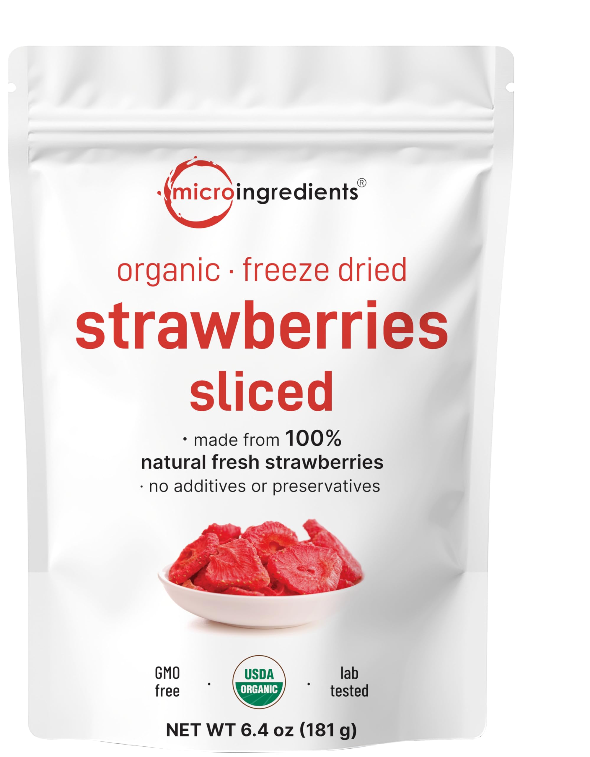 Micro Ingredients front pouch showing organic sliced strawberries and nutritional clarity