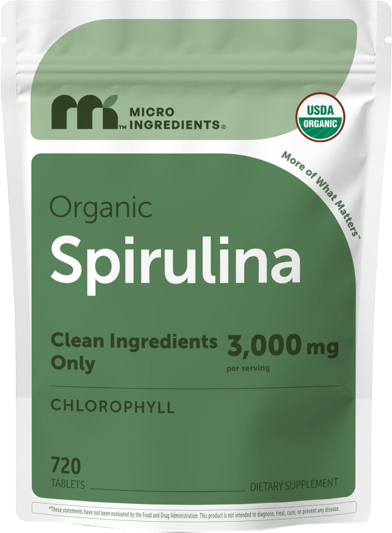Micro Ingredients envase frontal de spirulina mostrando diseño y tamaño