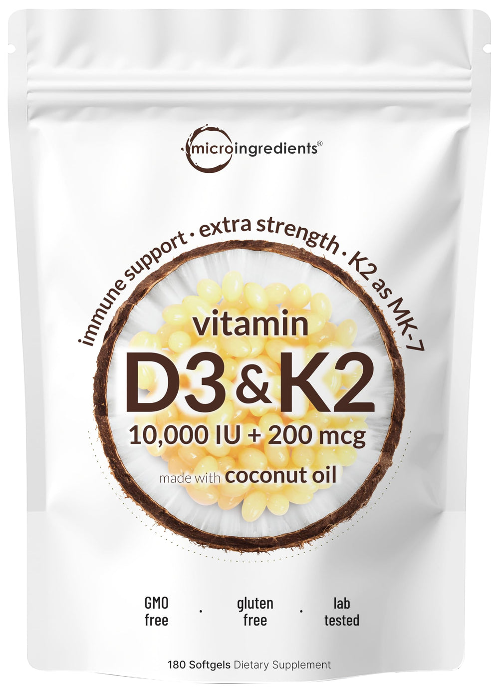 Micro Ingredients vista frontal del envase mostrando D3 K2 y dosis alta