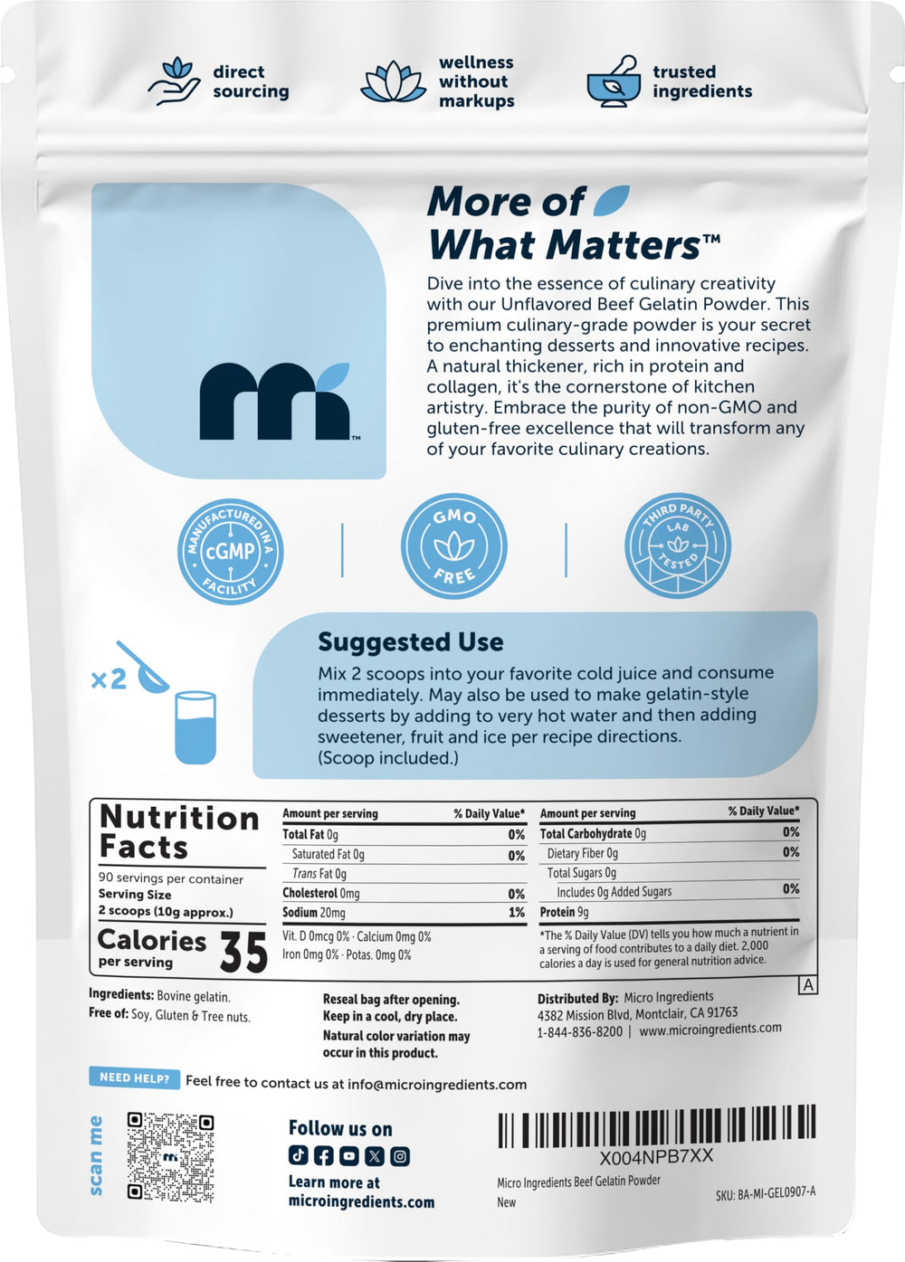 Micro Ingredients bolsa junto a objetos para comparar tamaño y capacidad