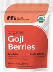 Micro Ingredients envase frontal 32 oz mostrando goji orgánicas y etiqueta clara