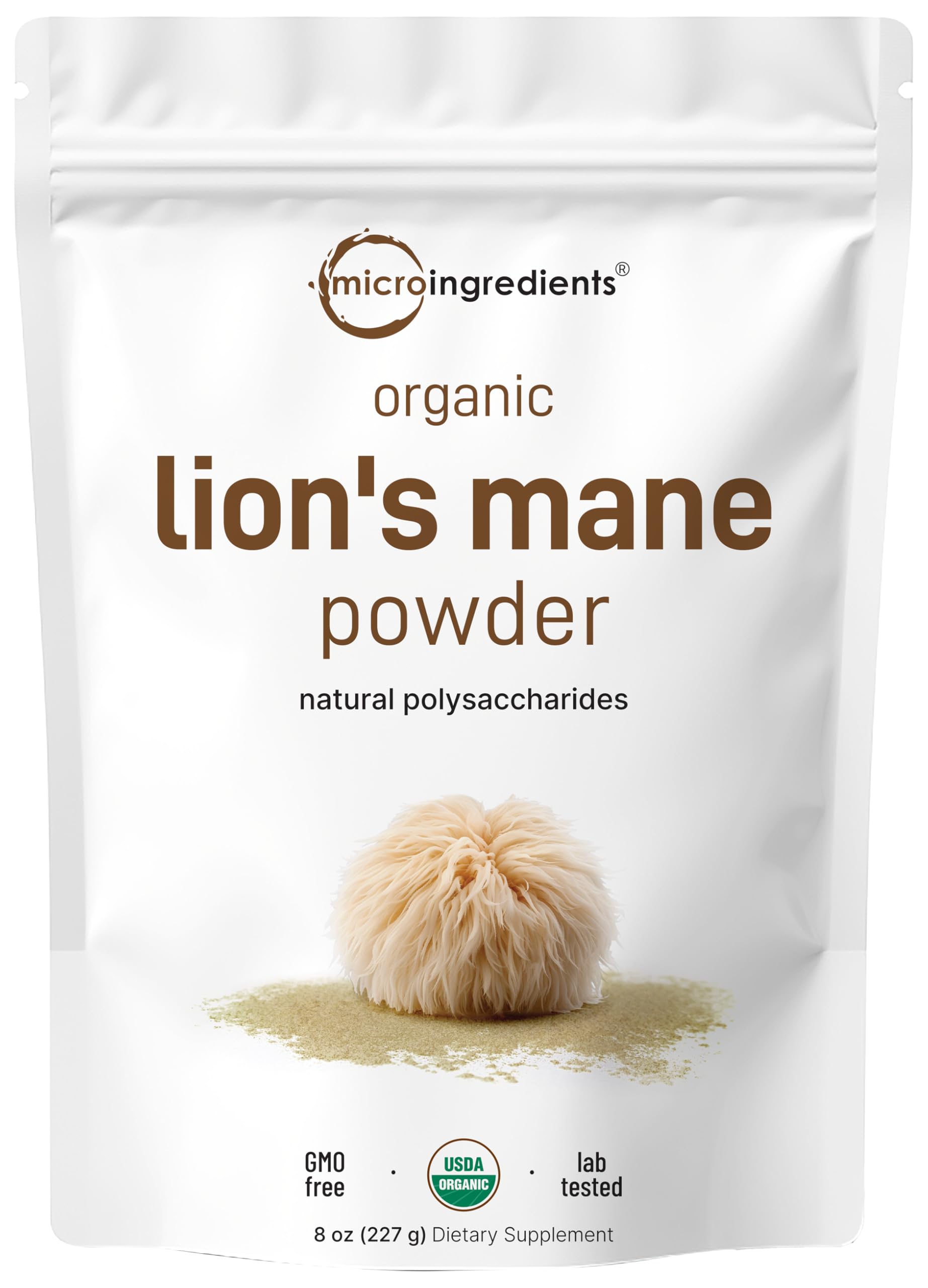 Micro Ingredients paquete frontal de lion’s mane mostrando volumen y sello orgánico