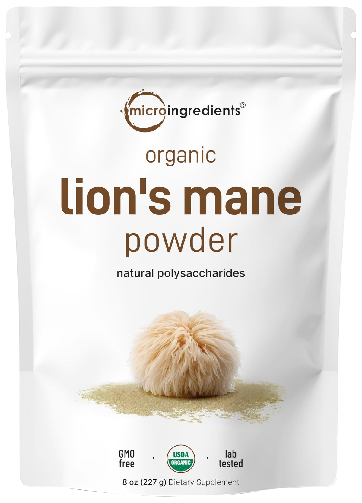 Micro Ingredients paquete frontal de lion’s mane mostrando volumen y sello orgánico