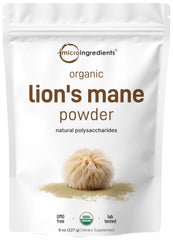 Micro Ingredients paquete frontal de lion’s mane mostrando volumen y sello orgánico