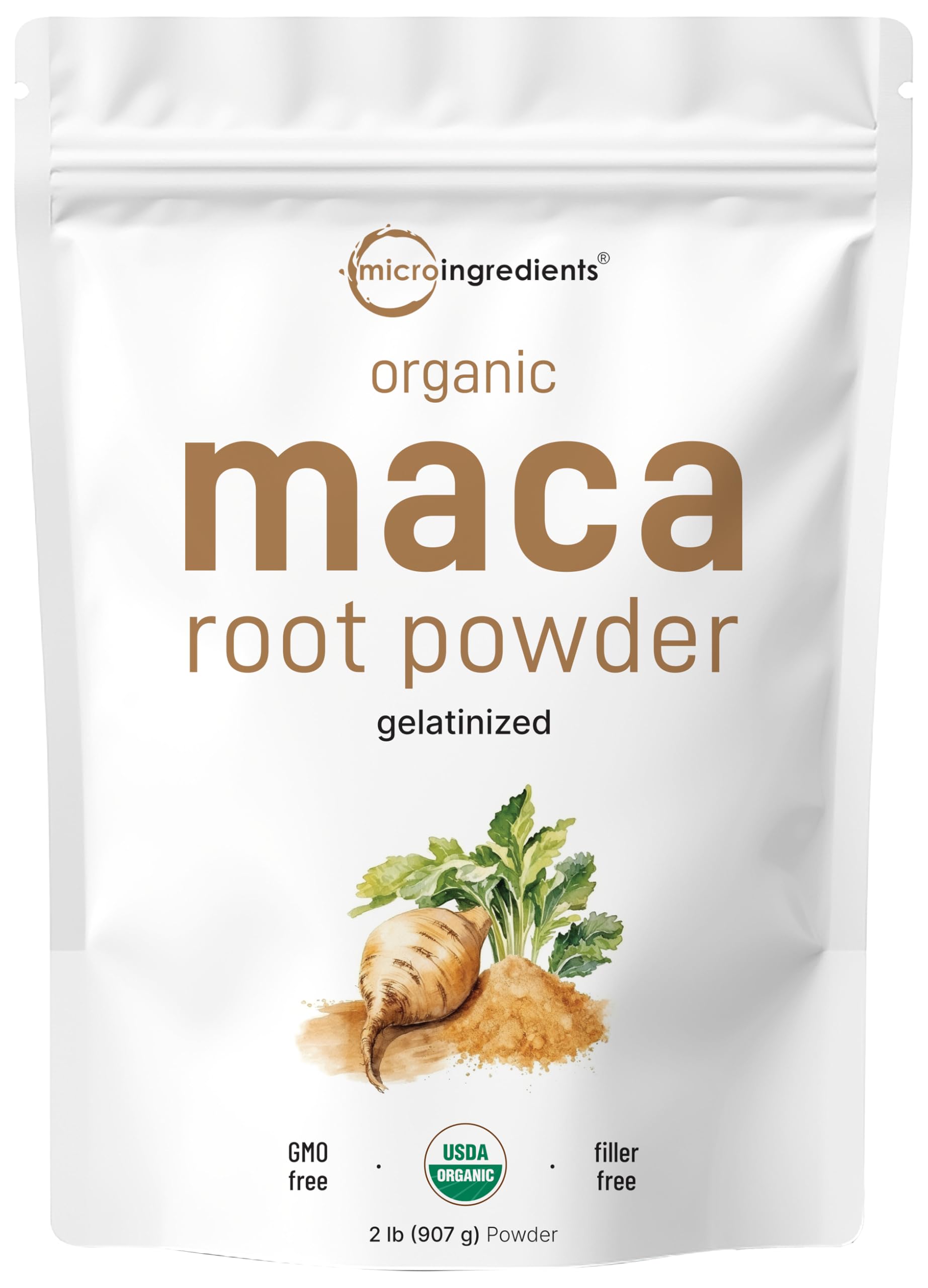 Micro Ingredients envase frontal mostrando maca gelatinizada y sello orgánico