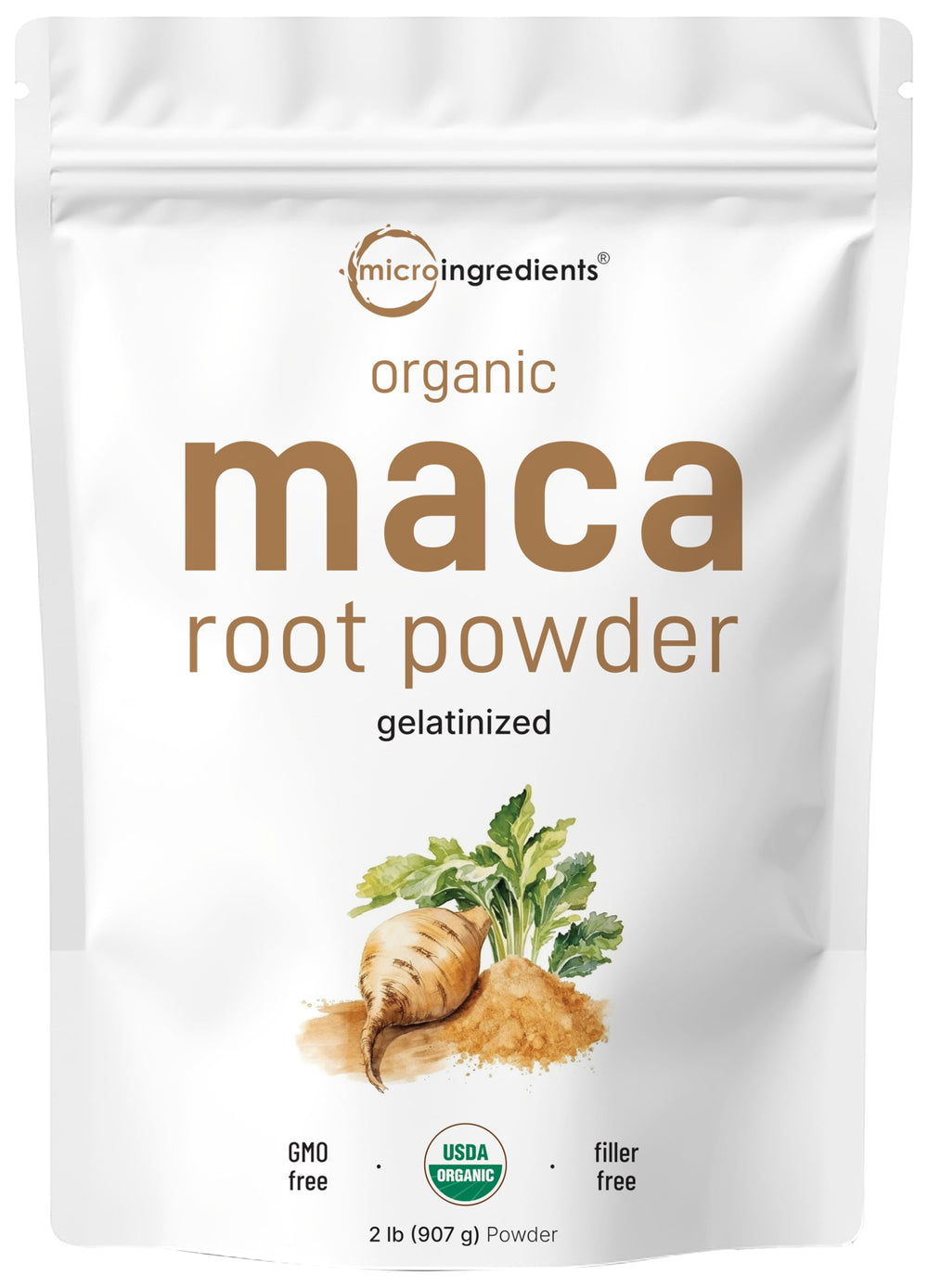 Micro Ingredients envase frontal mostrando maca gelatinizada y sello orgánico