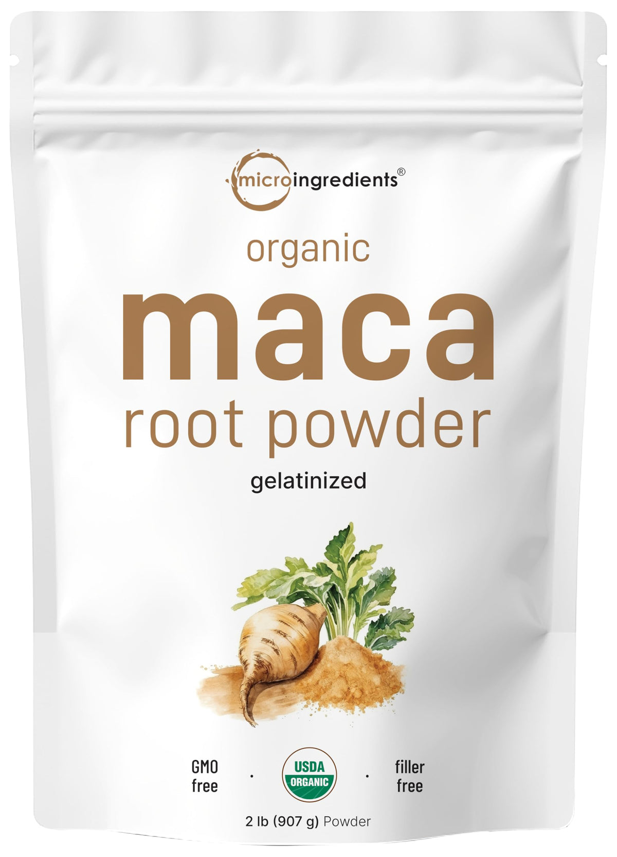 Micro Ingredients envase frontal mostrando maca gelatinizada y sello orgánico