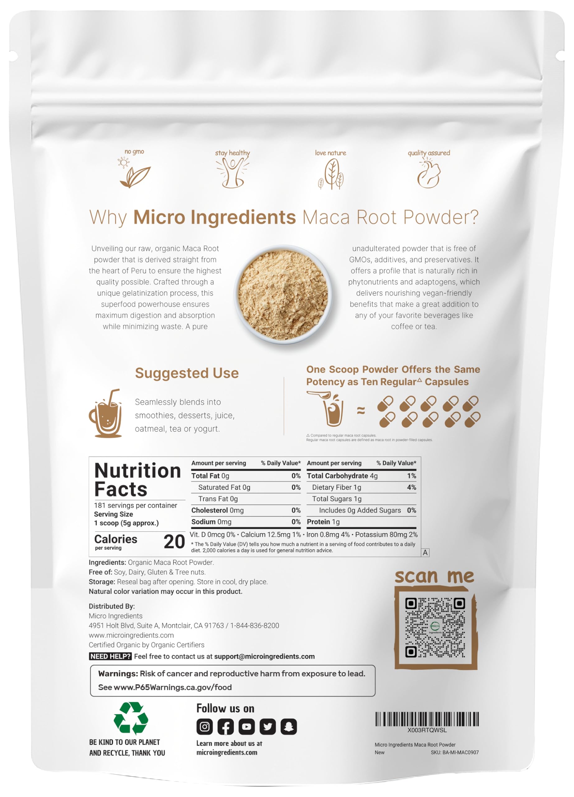 Micro Ingredients textura fina del polvo de maca, mezcla fácil y rápida