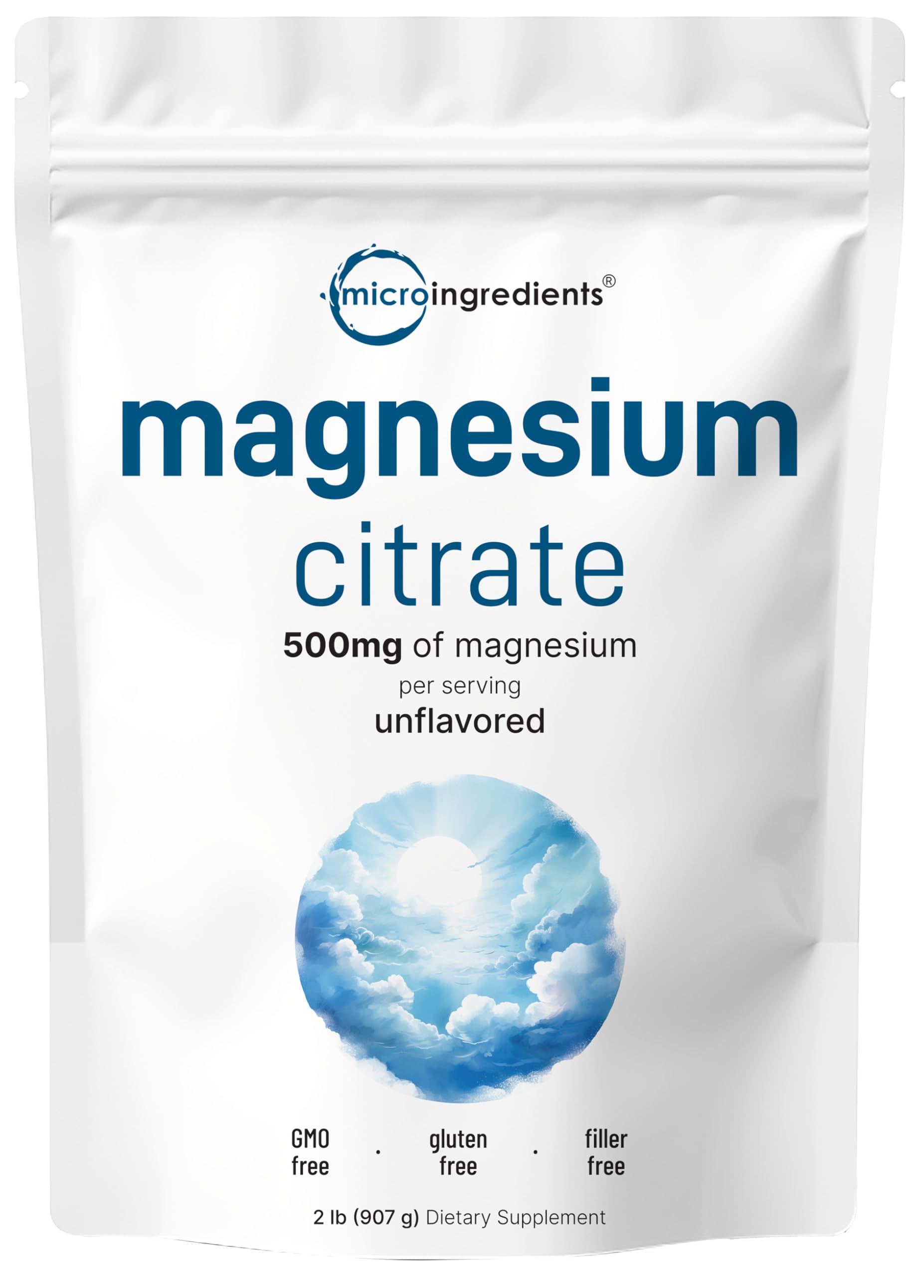 Micro Ingredients front packaging showing 2 lb magnesium citrate powder and clean label benefit