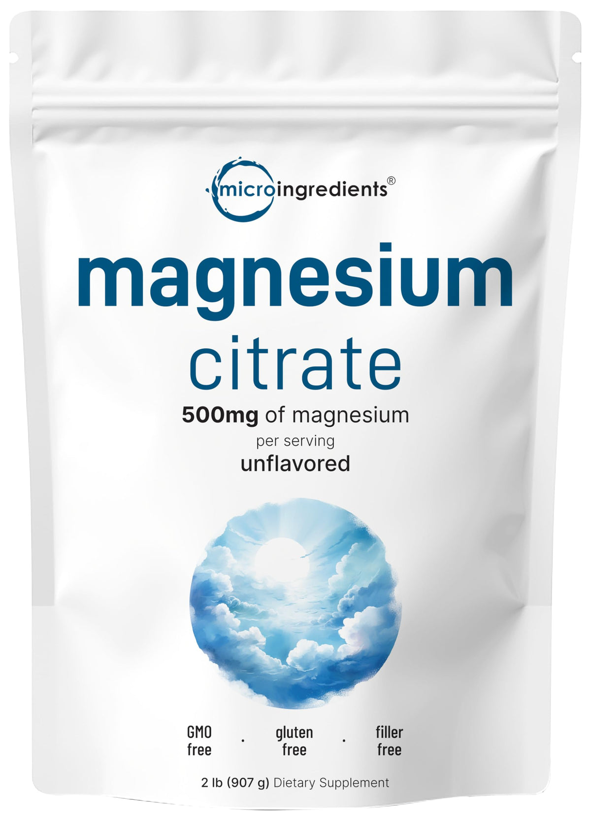 Micro Ingredients front packaging showing 2 lb magnesium citrate powder and clean label benefit