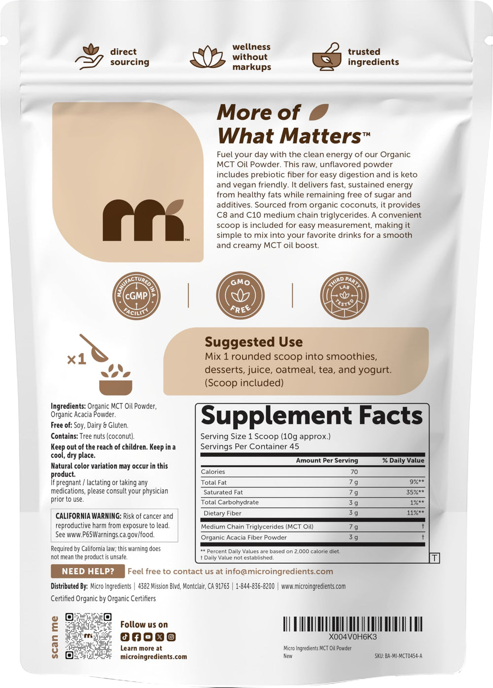 Micro Ingredients coco orgánico como fuente de MCT resaltando pureza