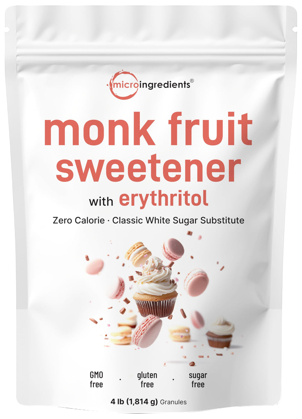 Micro Ingredients front packaging showing 4-pound monk fruit bag and benefits