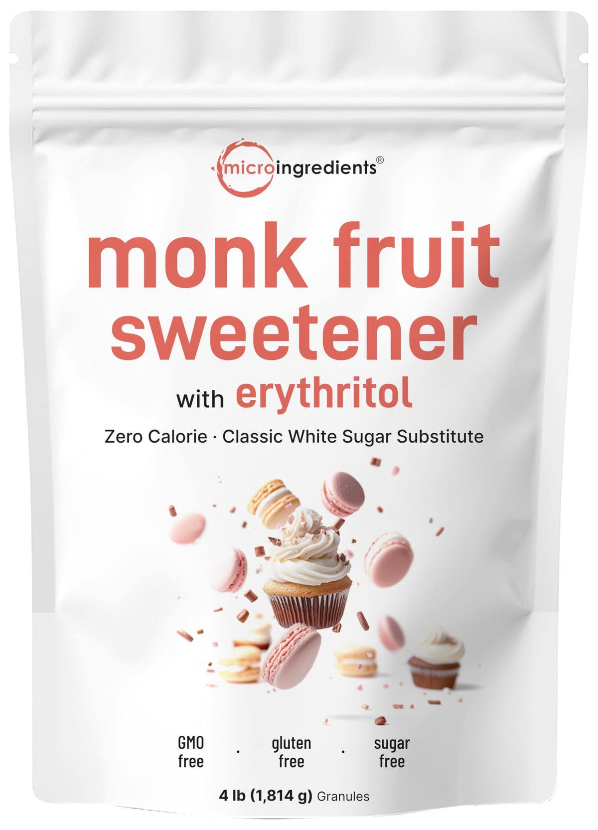 Micro Ingredients front packaging showing 4-pound monk fruit bag and benefits