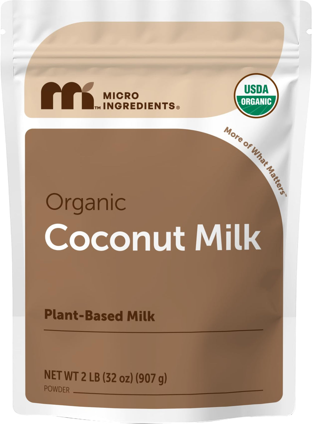 Micro Ingredients envase frontal del polvo de leche de coco con descripción visible y beneficio