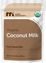 Micro Ingredients envase frontal del polvo de leche de coco con descripción visible y beneficio