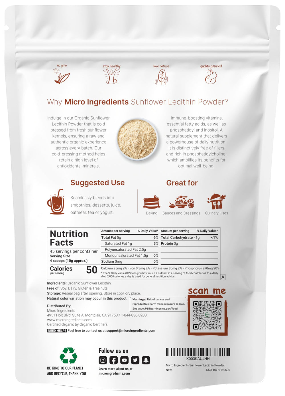 Micro Ingredients primer plano del polvo de lecitina con textura fina y uniforme