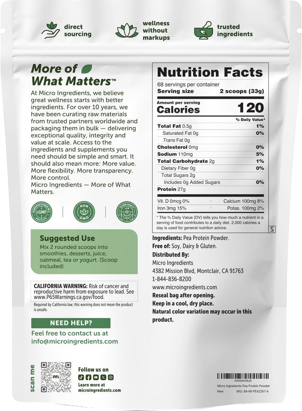 Micro Ingredients bolsa junto a una regla para mostrar escala y tamaño real