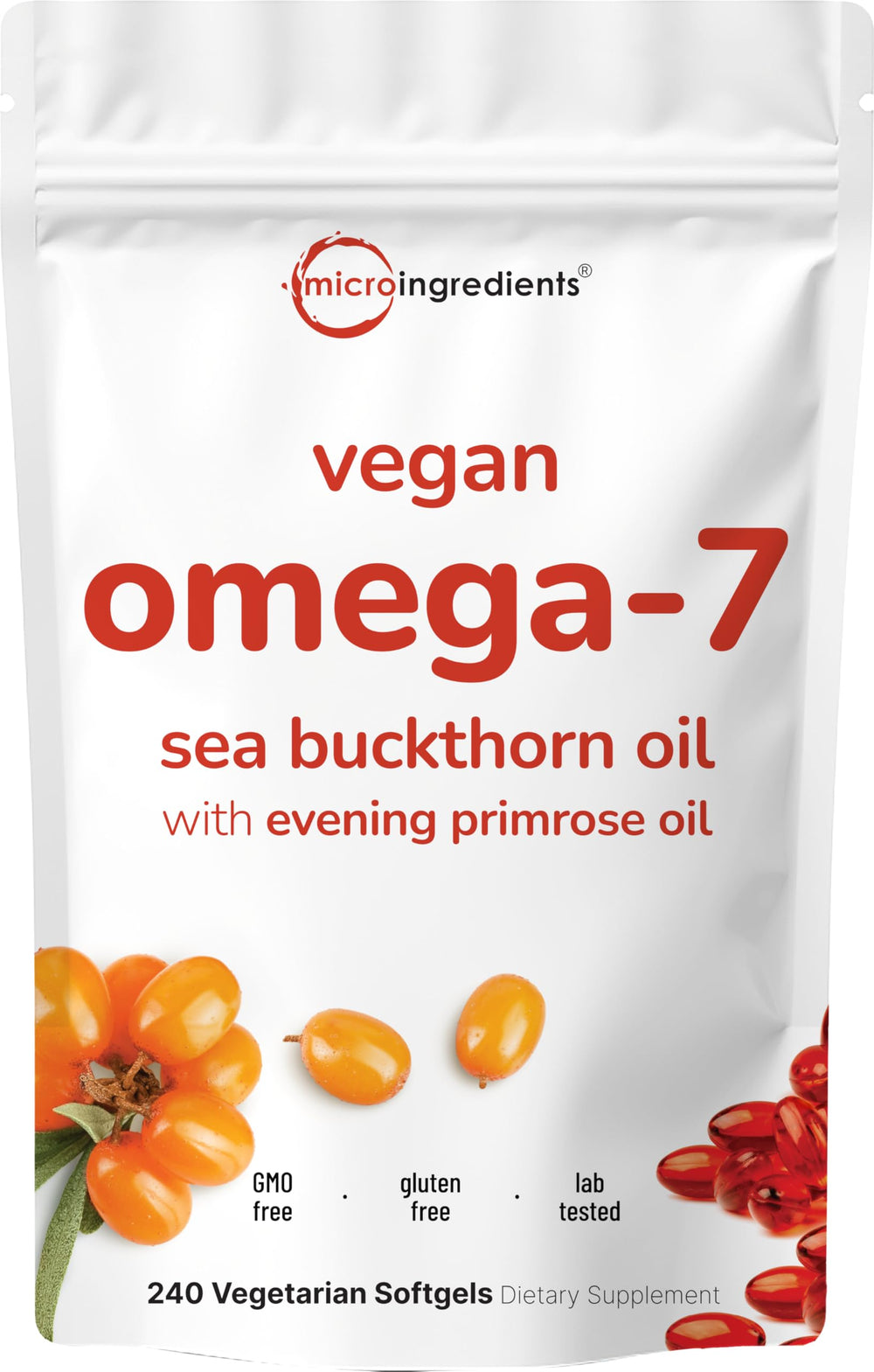 Micro Ingredients front packaging showing 240 vegetarian softgels and key benefits