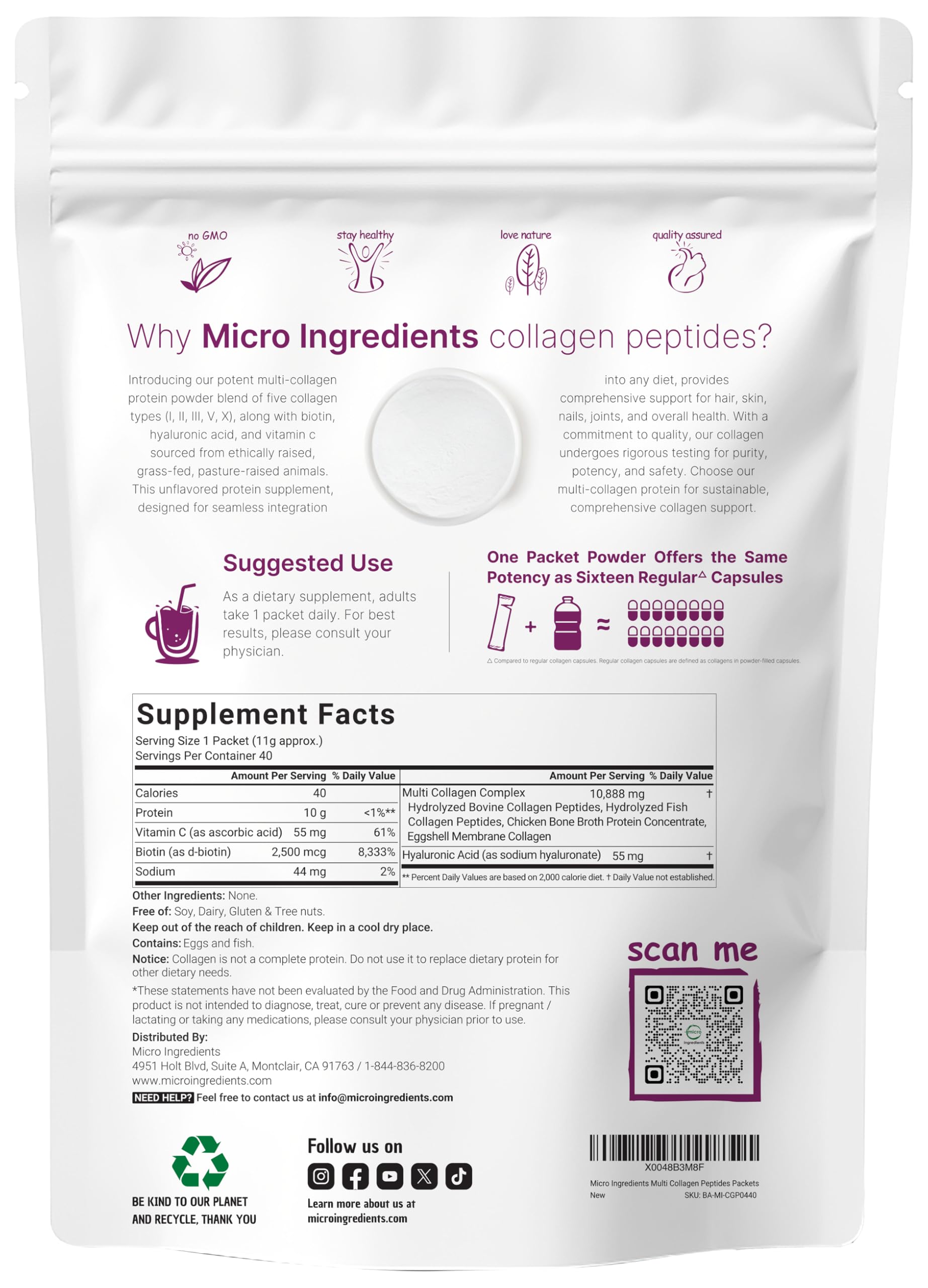 Micro Ingredients primer plano del polvo del sobre destacando textura disoluble
