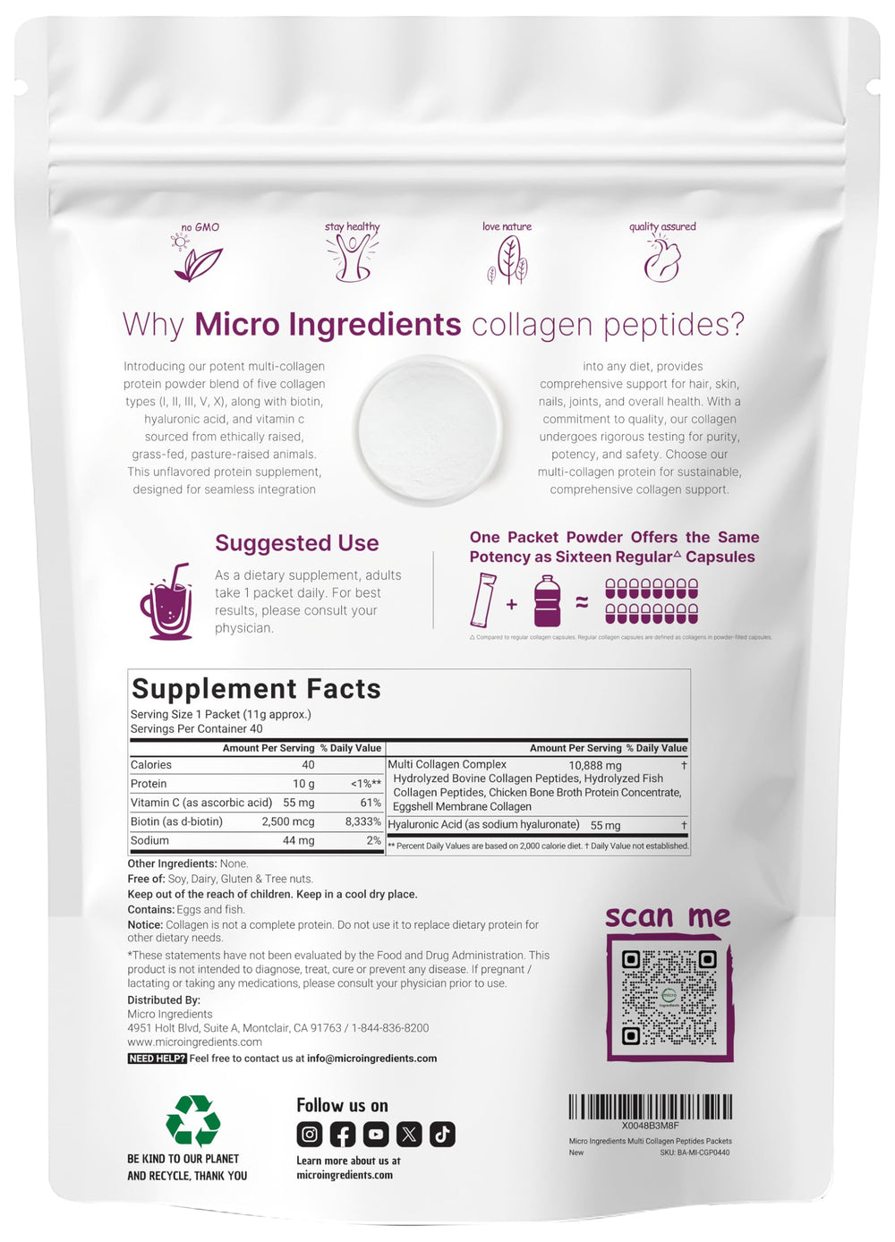 Micro Ingredients primer plano del polvo del sobre destacando textura disoluble