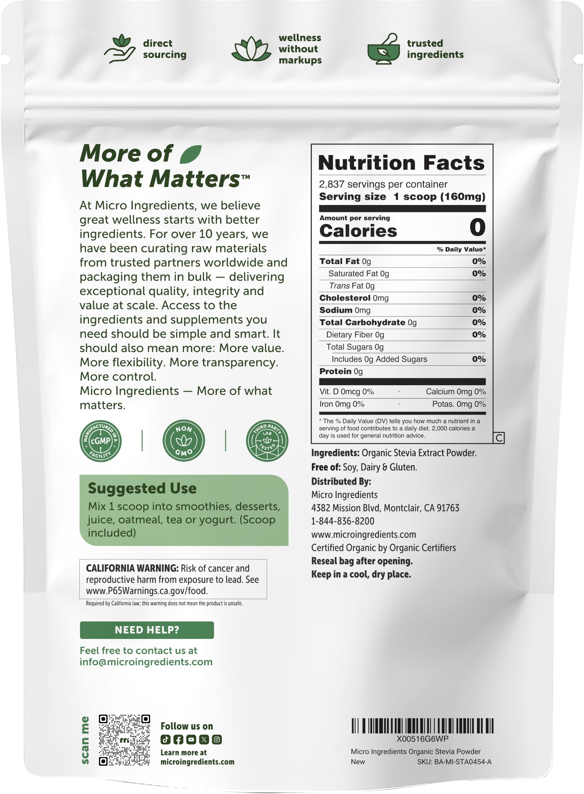Micro Ingredients etiqueta con ingredientes y certificaciones claras del producto