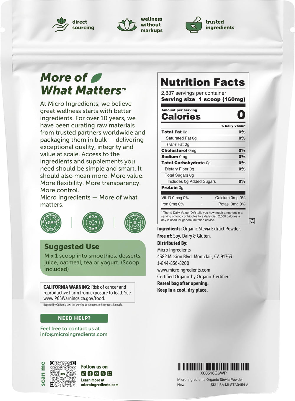 Micro Ingredients etiqueta con ingredientes y certificaciones claras del producto