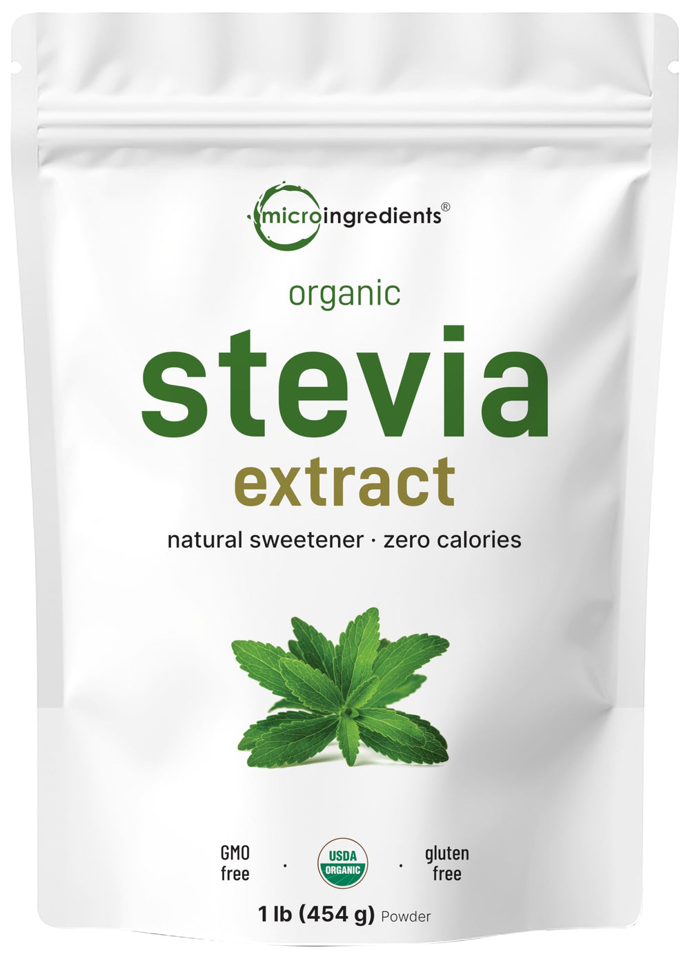 Micro Ingredients envase frontal de stevia orgánica mostrando presentación y cantidad