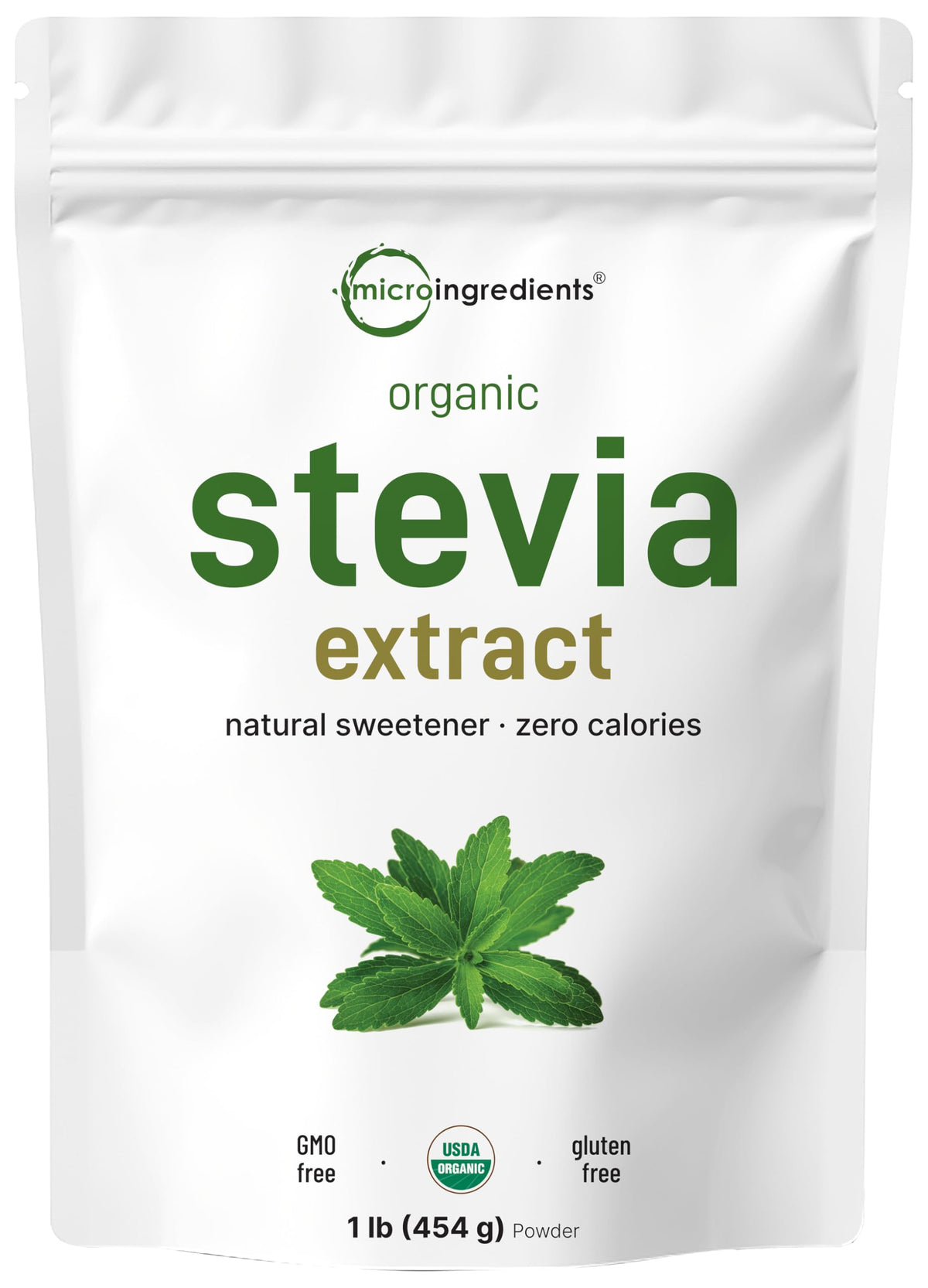 Micro Ingredients envase frontal de stevia orgánica mostrando presentación y cantidad