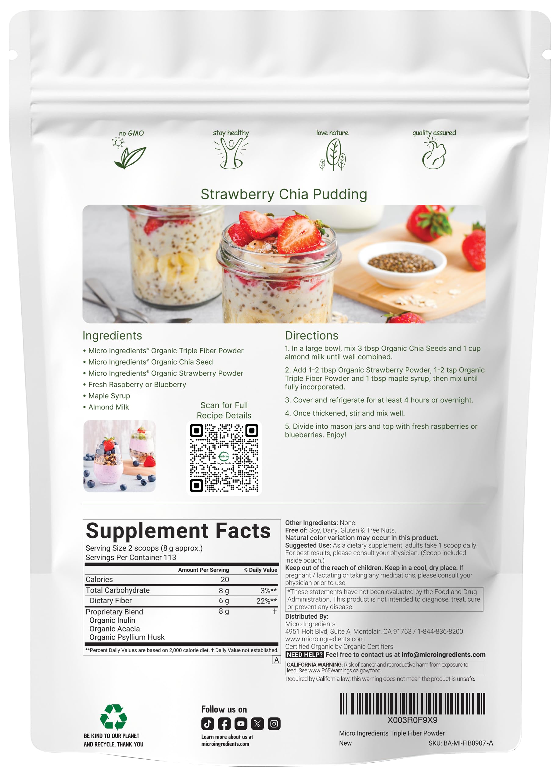 Micro Ingredients textura del polvo orgánico triple fibra, mezcla fina y fácil disolución