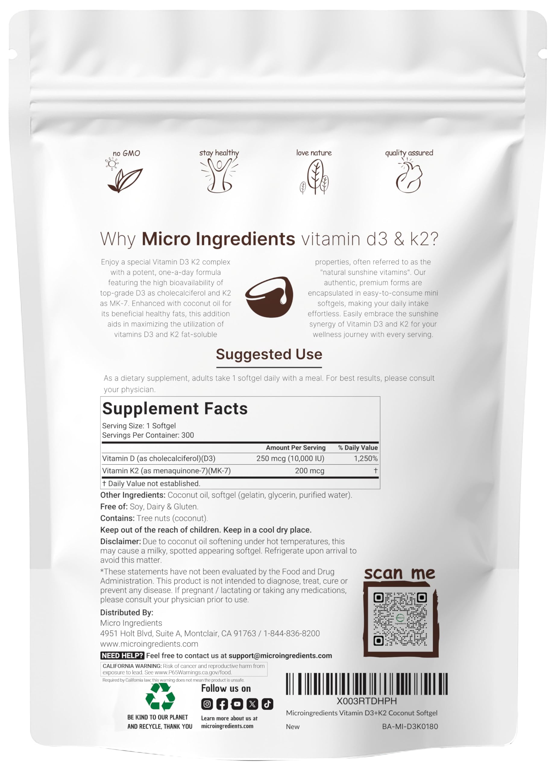 Micro Ingredients open pouch revealing 300 mini softgels for long-lasting supply