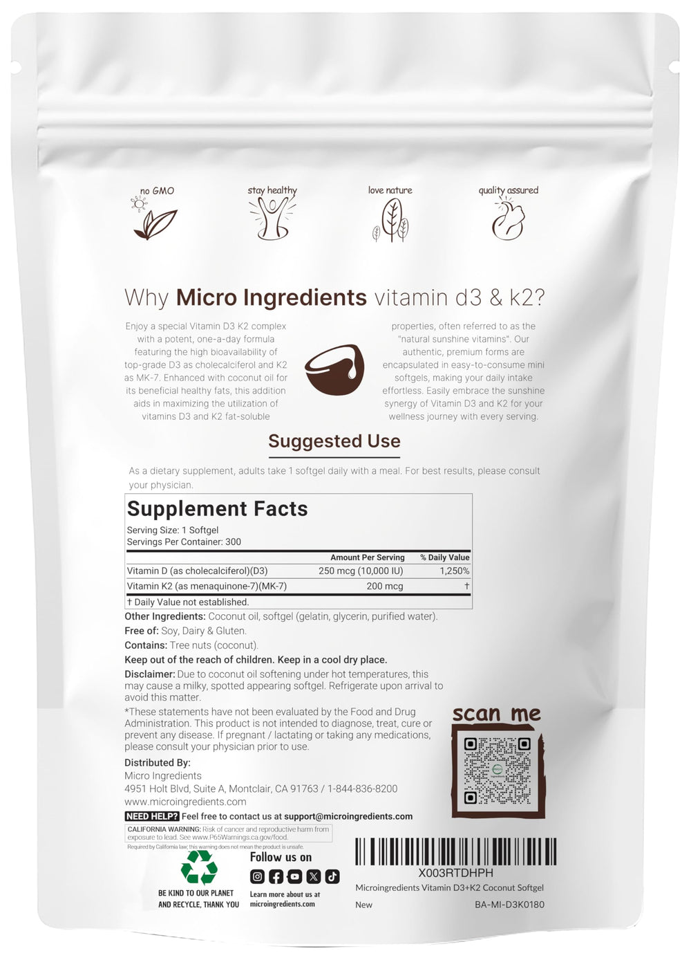 Micro Ingredients open pouch revealing 300 mini softgels for long-lasting supply