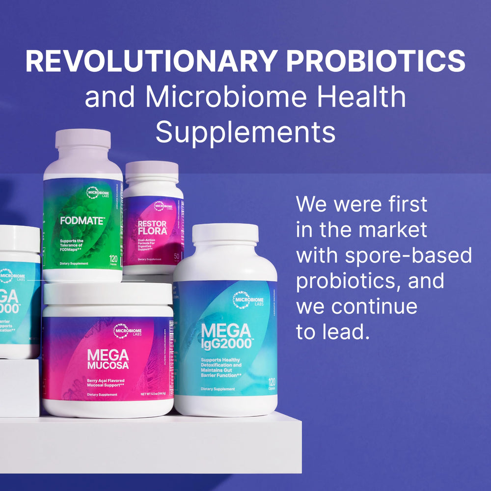 Microbiome Labs Restorflora en estantería de viaje indicando estabilidad a temperatura ambiente