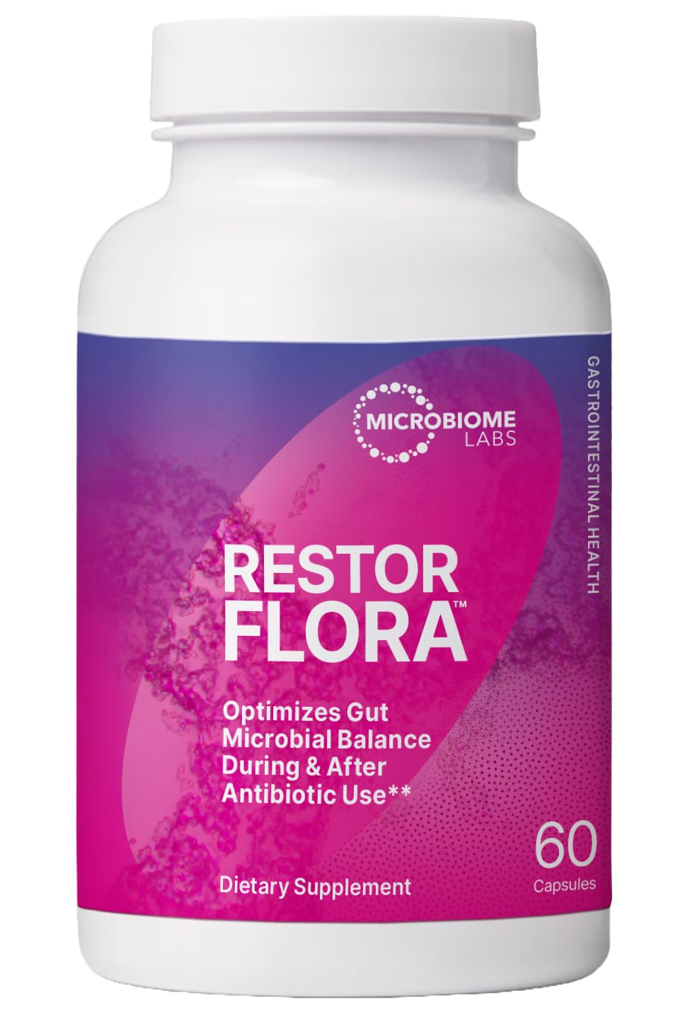 Microbiome Labs Restorflora frente del envase mostrando la marca y beneficio de apoyo digestivo