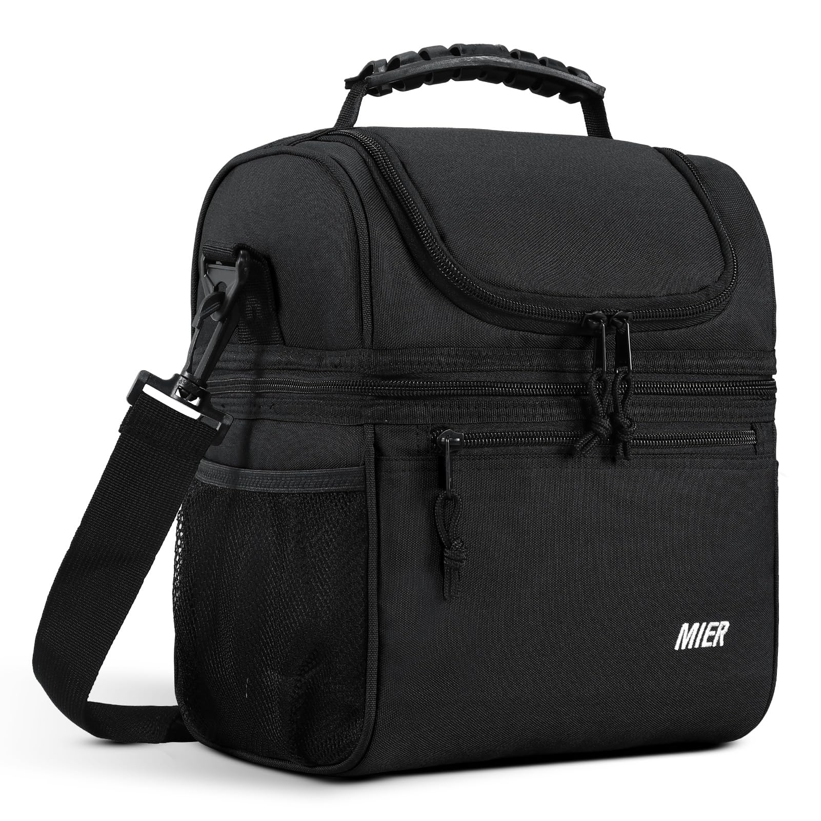 MIER vista frontal de la bolsa térmica negra, organización y diseño resistente