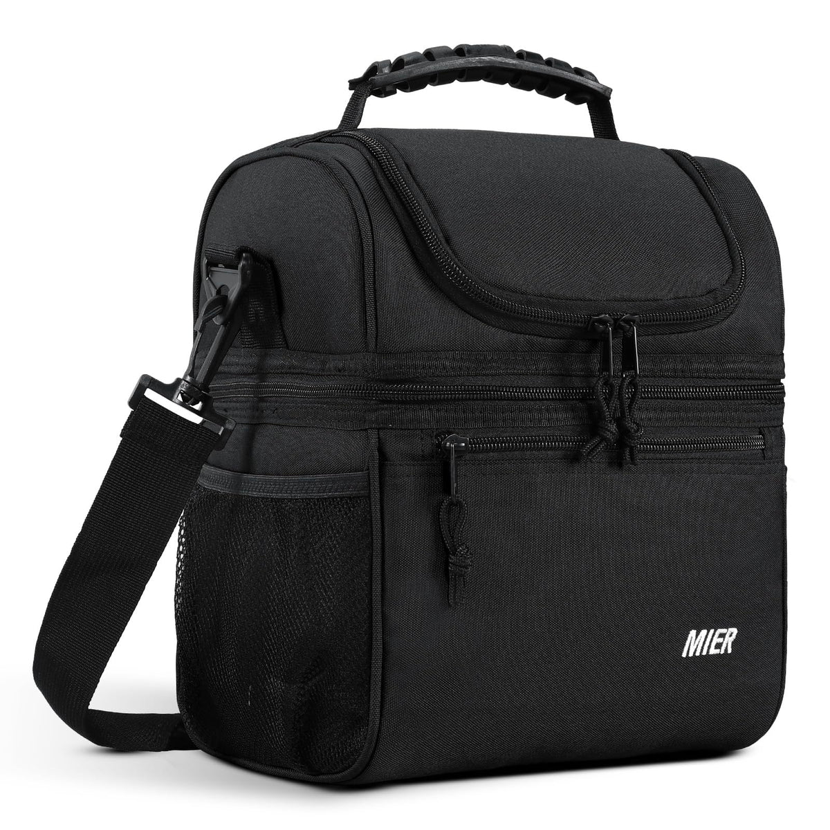 MIER vista frontal de la bolsa térmica negra, organización y diseño resistente