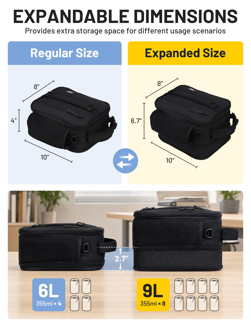 MIER lunch box expanded side profile demonstrating increased storage benefit