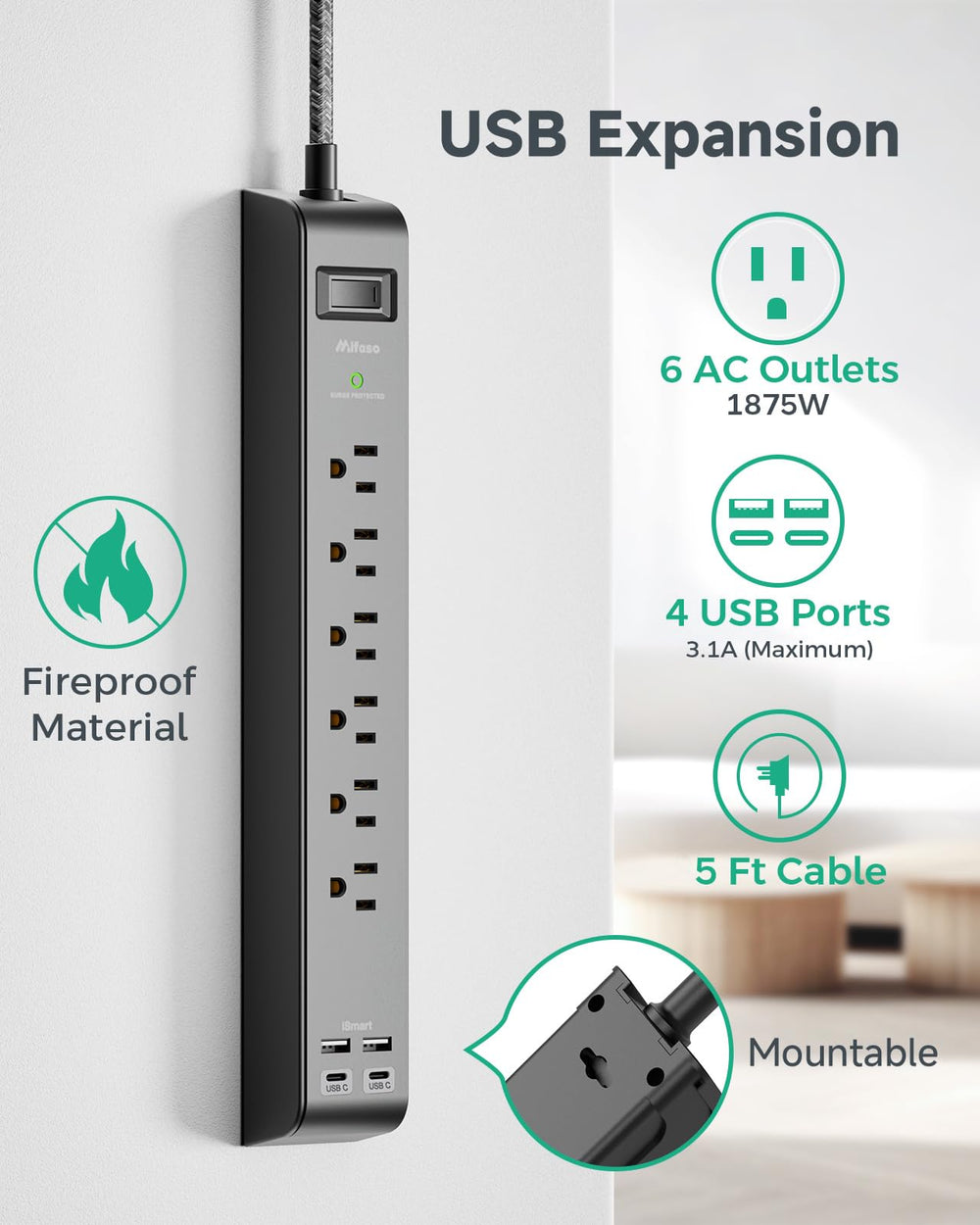 Mifaso close-up of USB ports and AC outlets highlighting fast charging and space for adapters