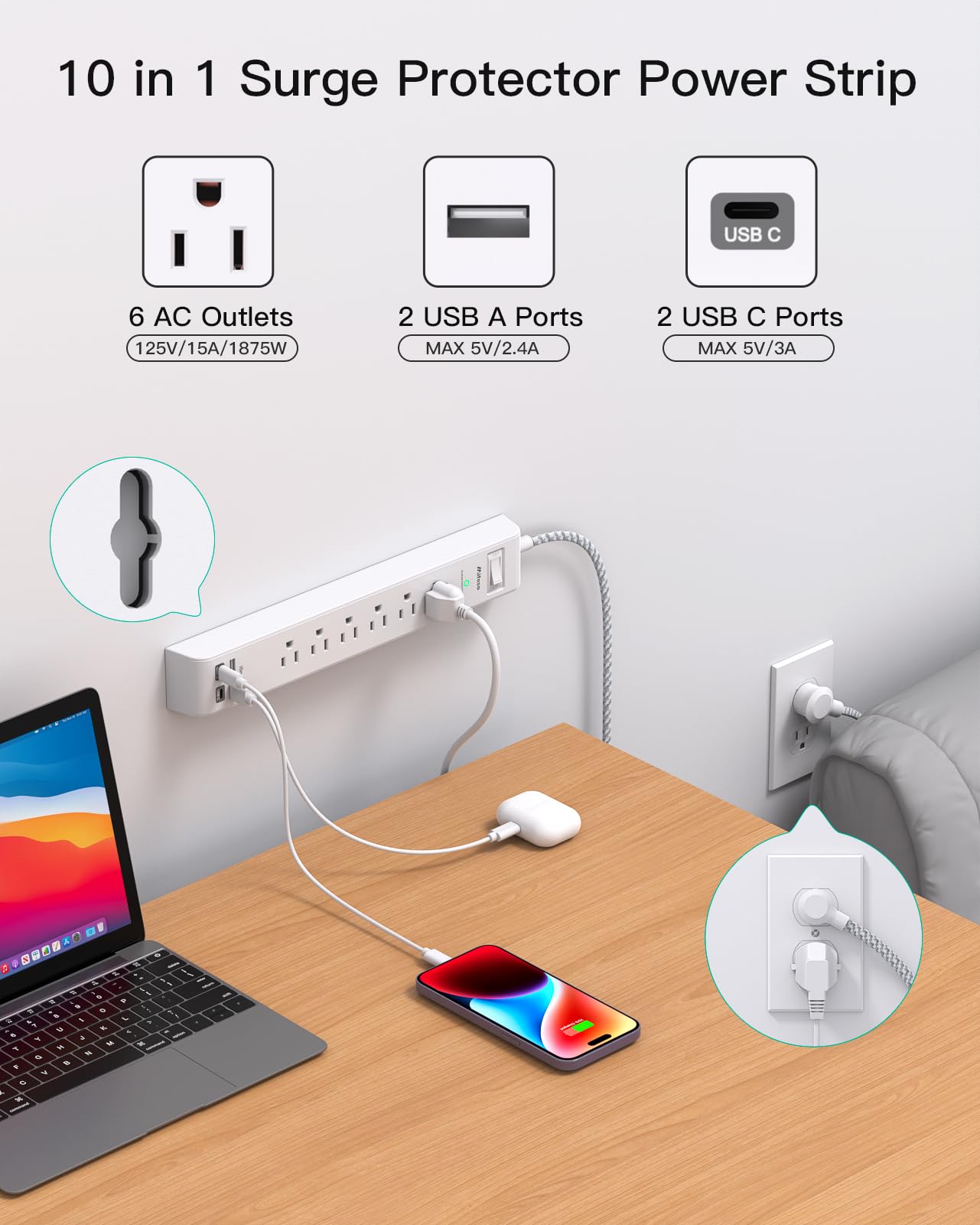 Mifaso detalle de puertos USB-A y USB-C para carga rápida