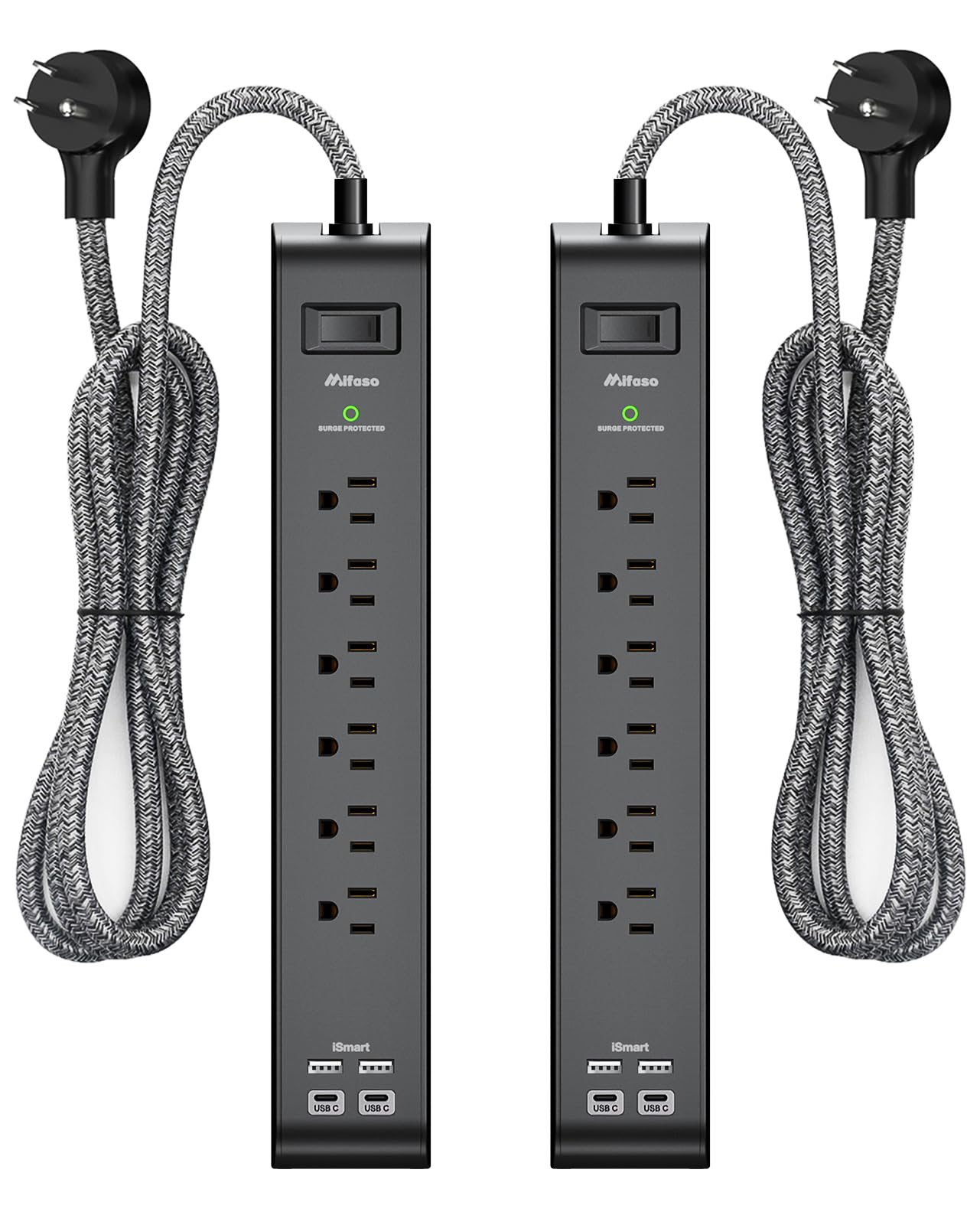 Mifaso regleta frontal mostrando 6 enchufes y 4 USB para organización y ahorro