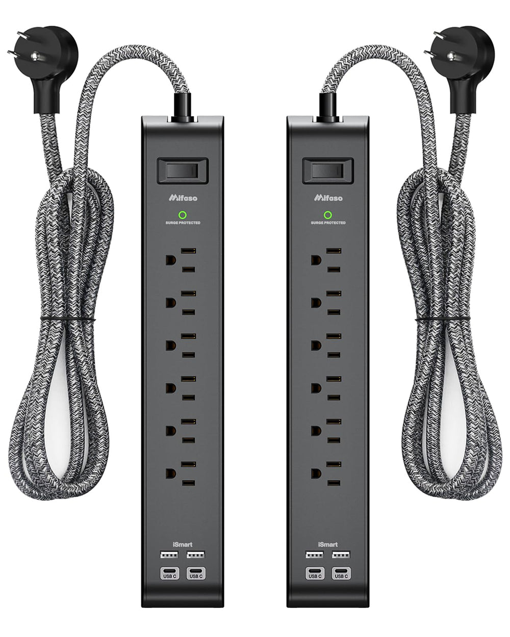 Mifaso regleta frontal mostrando 6 enchufes y 4 USB para organización y ahorro