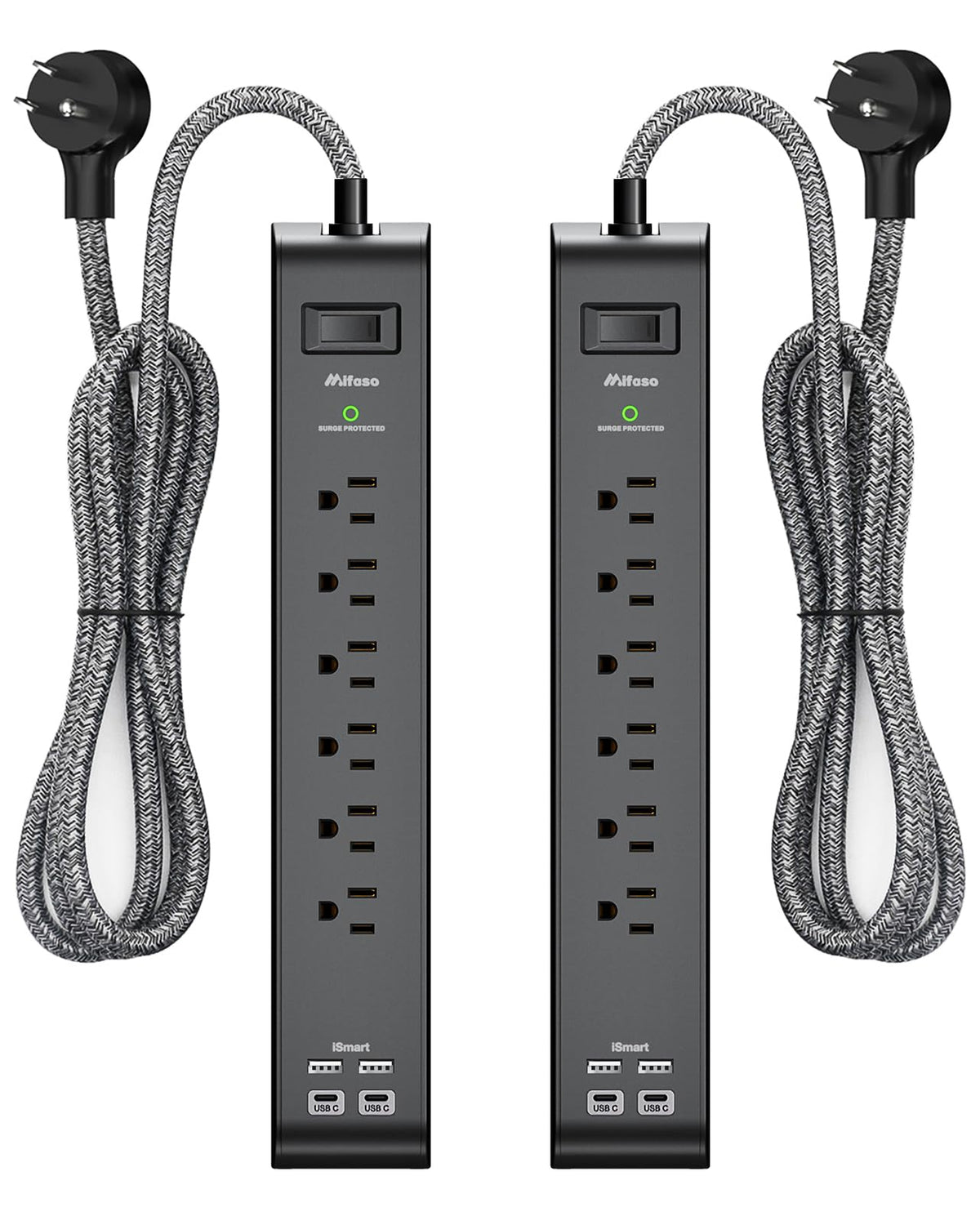 Mifaso regleta frontal mostrando 6 enchufes y 4 USB para organización y ahorro