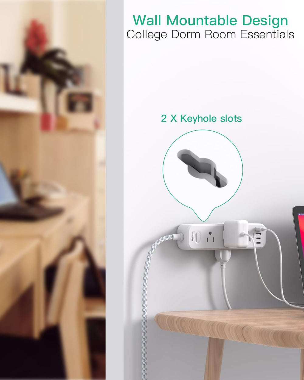 Mifaso regleta en escritorio alimentando portátil, lámpara y teléfono simultáneamente