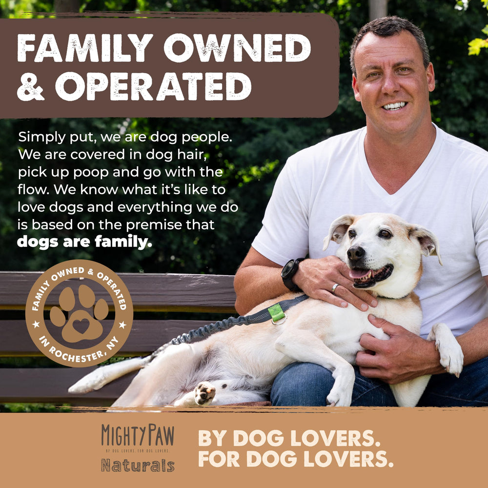 Mighty Paw open bag with multiple sticks displaying natural ingredients
