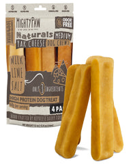 Mighty Paw envase frontal del pack de 4 york cheese chews que muestra beneficios naturales
